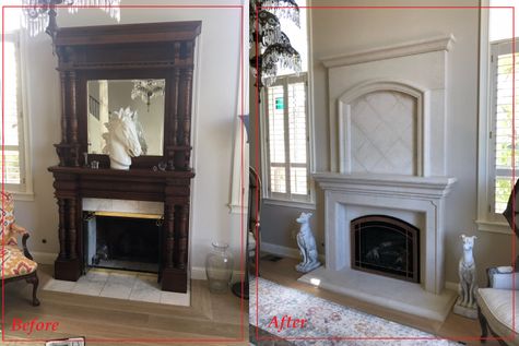 A stone fireplace purchased from Pacific Hearth & Home, Inc. in Rancho Cordova, CA