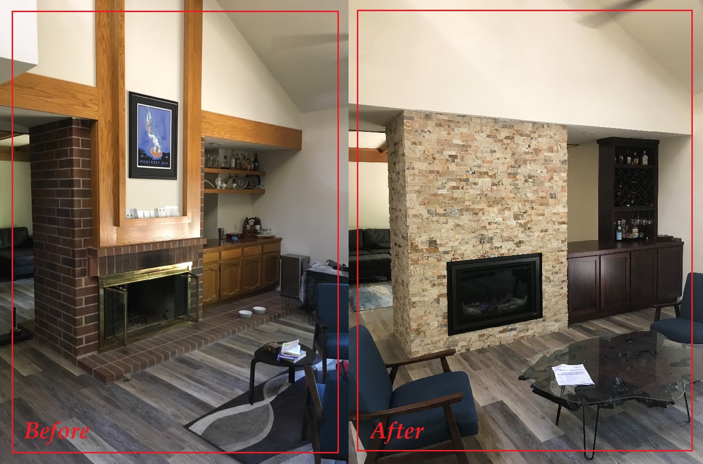 A stone fireplace remodel completed by Pacific Hearth & Home in Rancho Cordova, CA